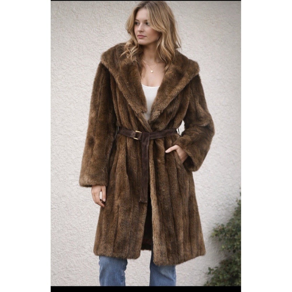 True Vintage 60s‎ 70s Penny Lane Faux Fur Coat Tissavel France Belted Chocolate